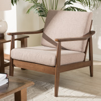 Baxton Studio Venza-Brown/Walnut Brown-CC Venza Mid-Century Modern Walnut Wood Light Brown Fabric Upholstered Lounge Chair